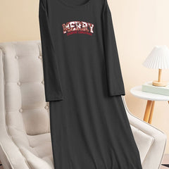 Christmas Lounge Dress Women's Plus Letter Print Long Sleeve
