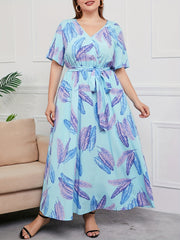 Feather Print Maxi Dress With Pockets