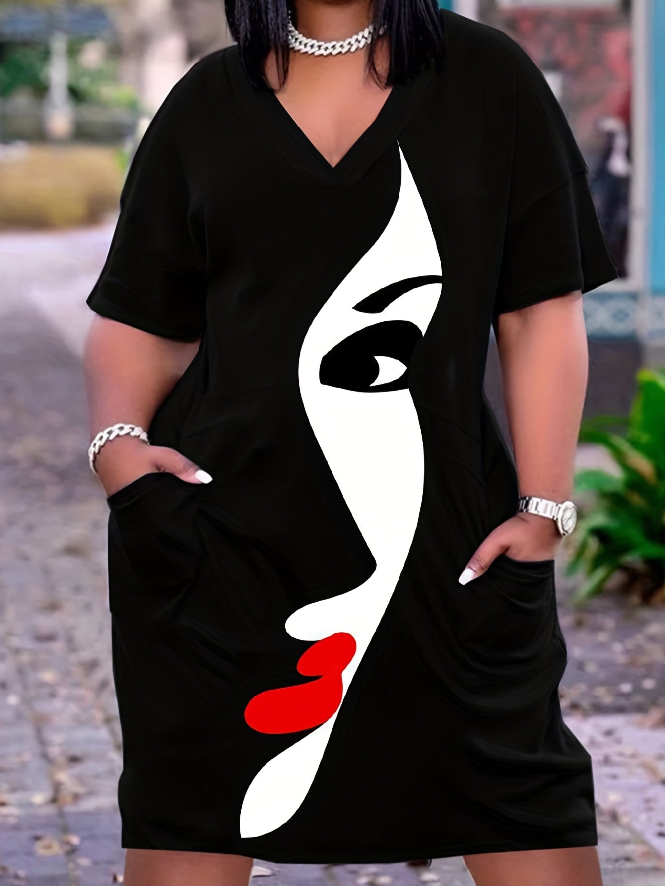 Colorblock Abstract Figure Print V Neck Stretch Dress
