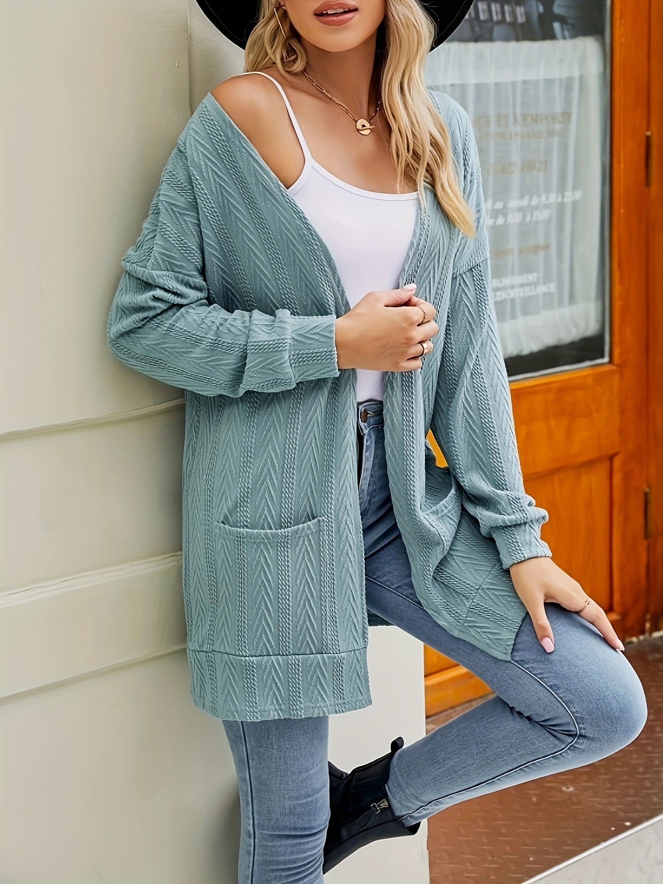 Solid Jacquard Long Sleeve Cardigan With Pockets