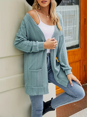 Solid Jacquard Long Sleeve Cardigan With Pockets