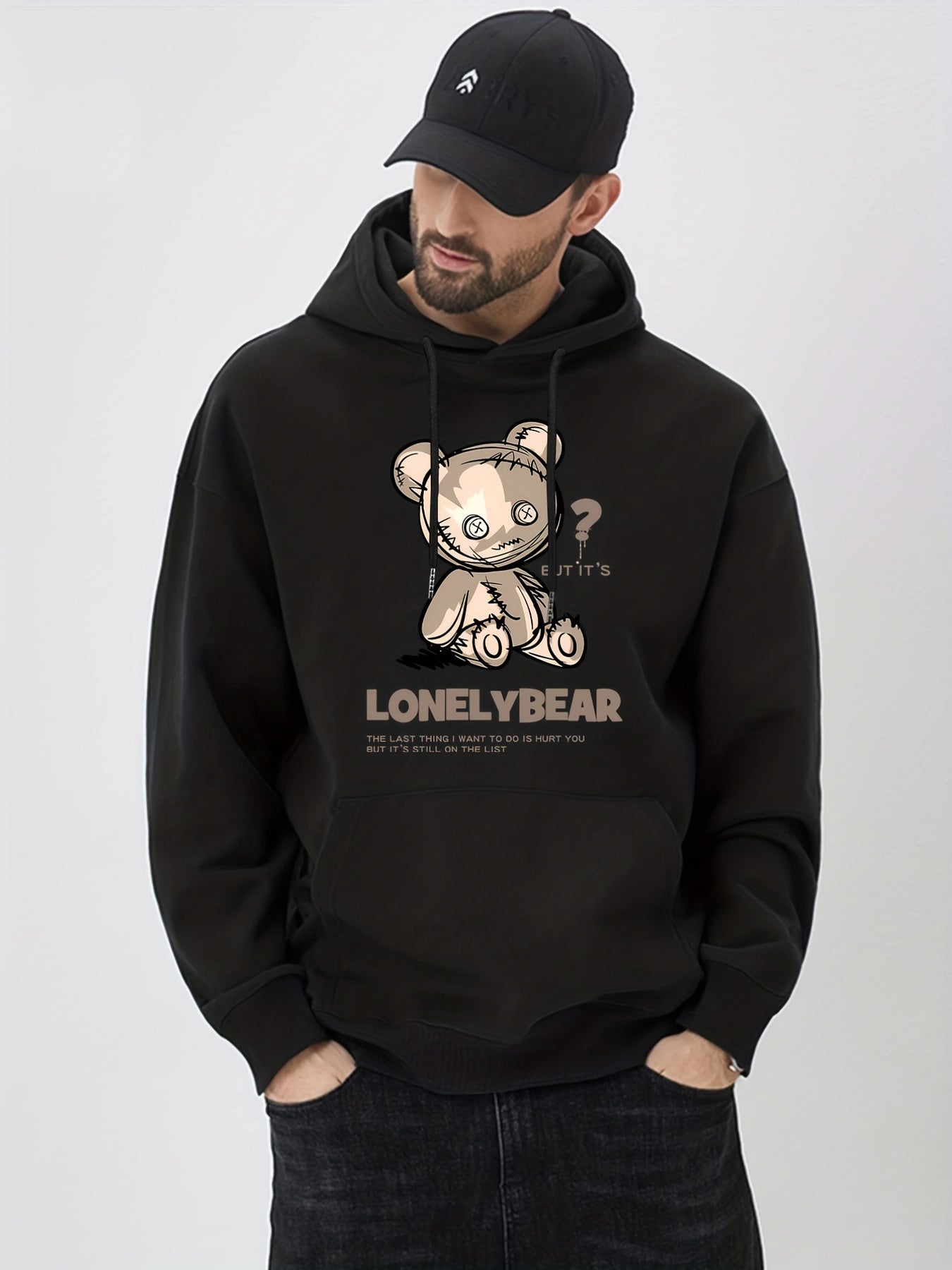 Lonely Bear Print Hoodie Pullover Sweatshirt Men Streetwear