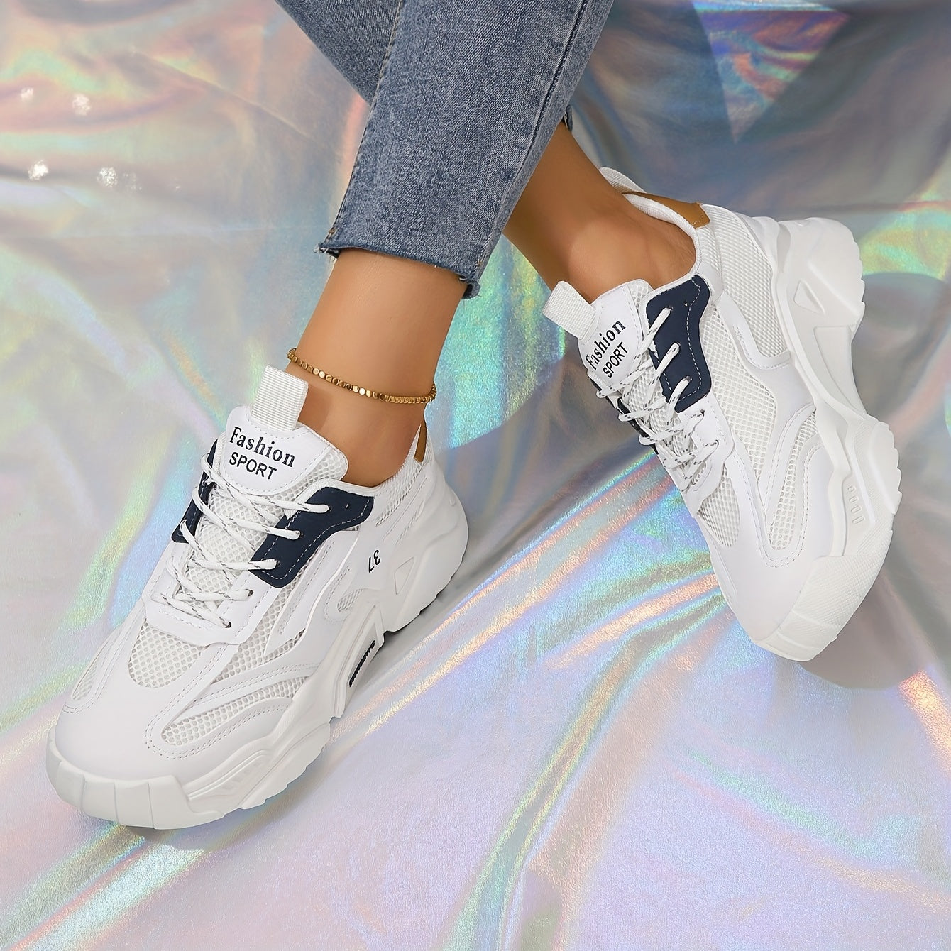 Women's Colorblock Mesh Sneakers Low Lace Up Casual Trainers
