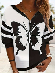 Butterfly Print Quarter Zip Pullover Sweatshirt for Spring & Fall