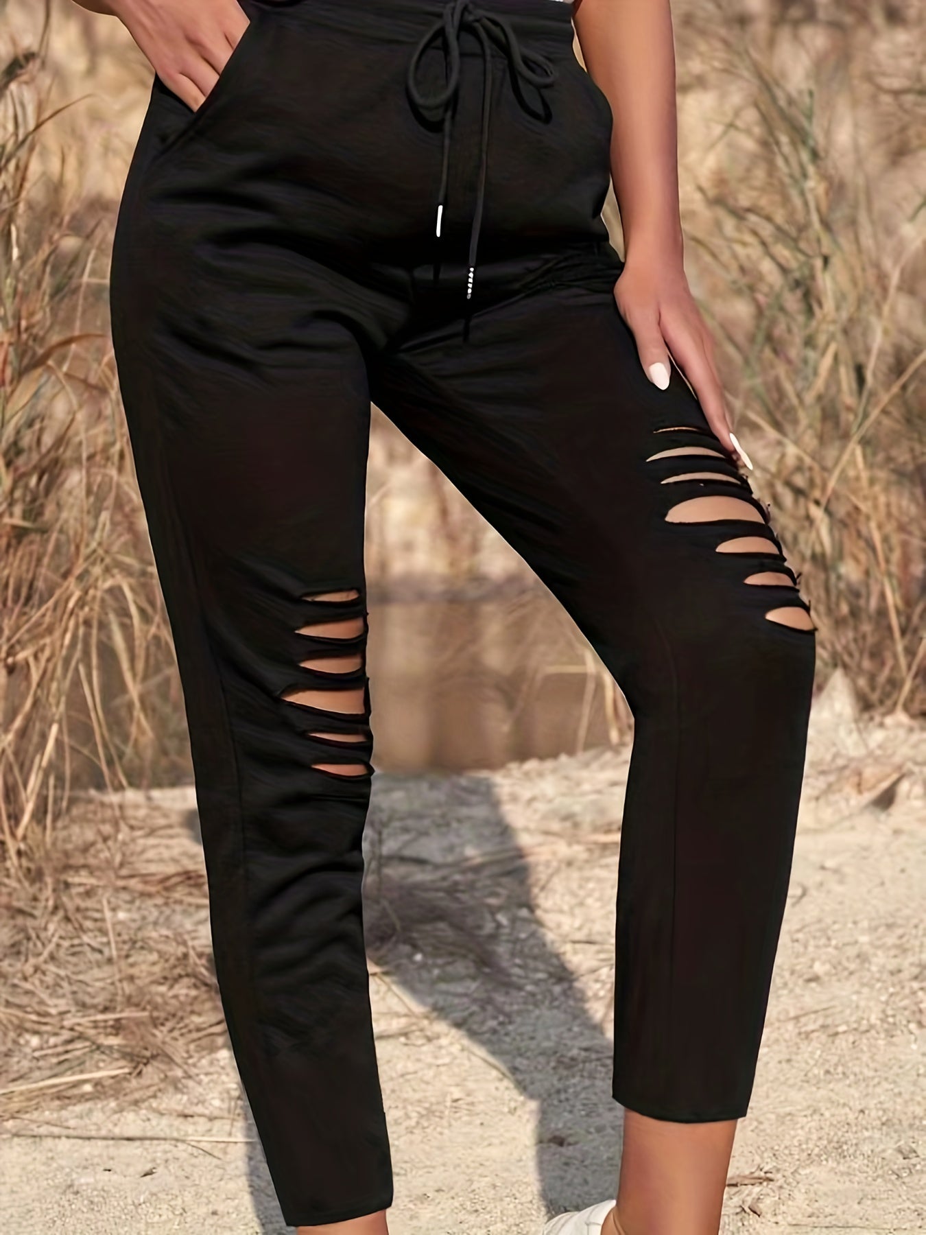 Solid Ripped Drawstring Casual Pants