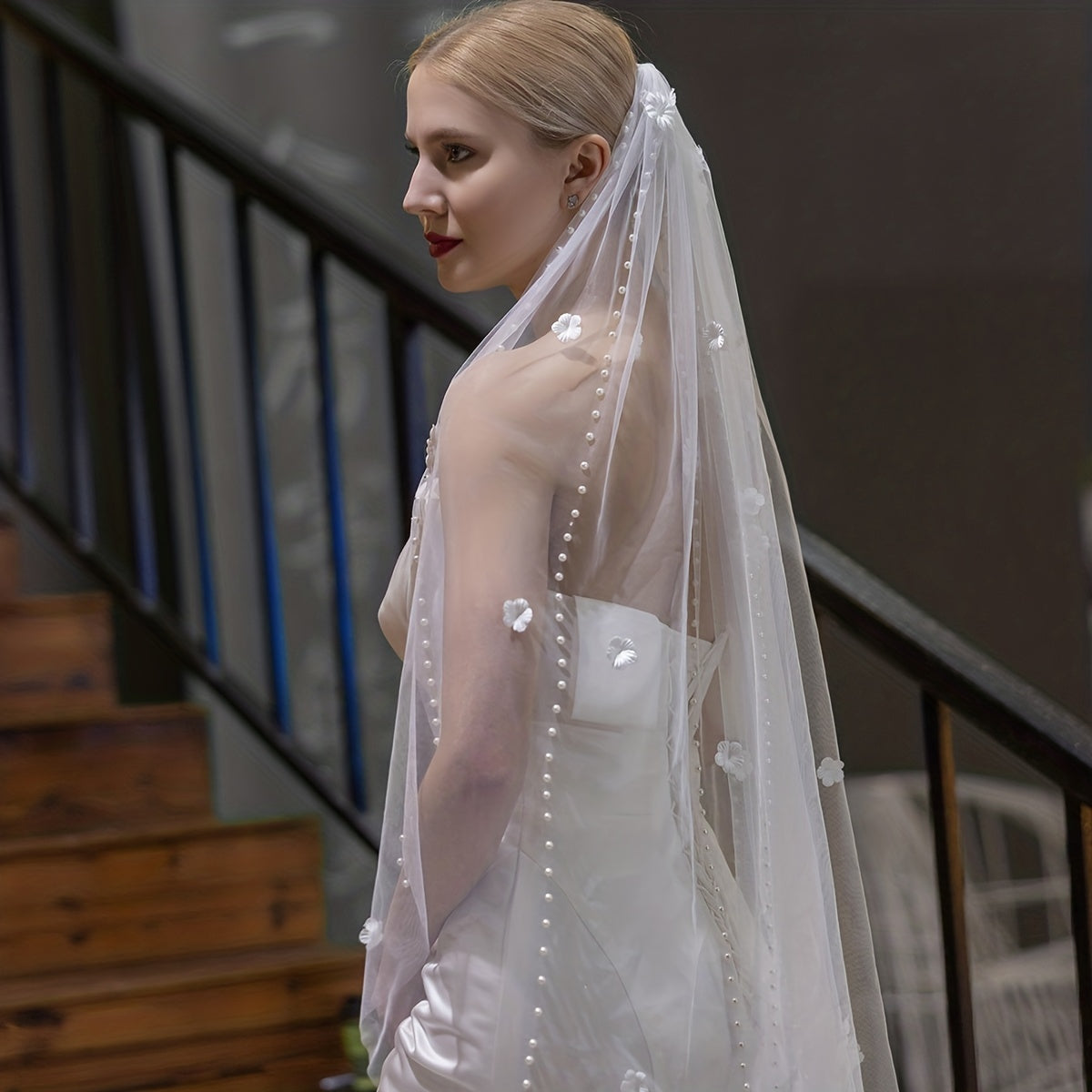 Baroque Wedding Veil With Comb Bride Floral Faux Pearl Long Veil