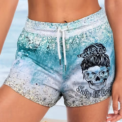 Skull & Letter Print Drawstring Shorts Casual Shorts for Women
