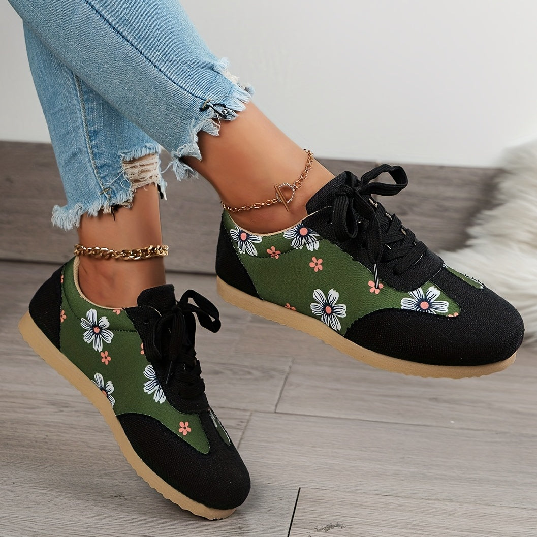 Women's Lace Up Flower Pattern Sneakers Lightweight Low Top Shoes