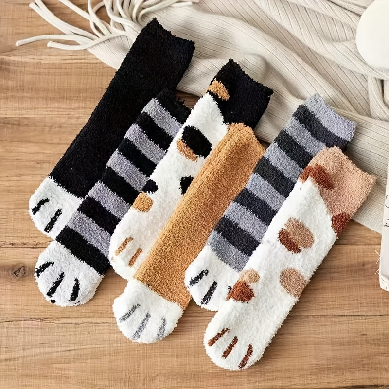 6 Pairs Girls Kids Fleece Warm Socks Car Paw Pattern Crew Socks for Winter
