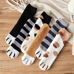 6 Pairs Girls Kids Fleece Warm Socks Car Paw Pattern Crew Socks for Winter