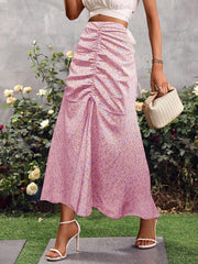 Floral Print Casual Ruched Long Skirt for Women