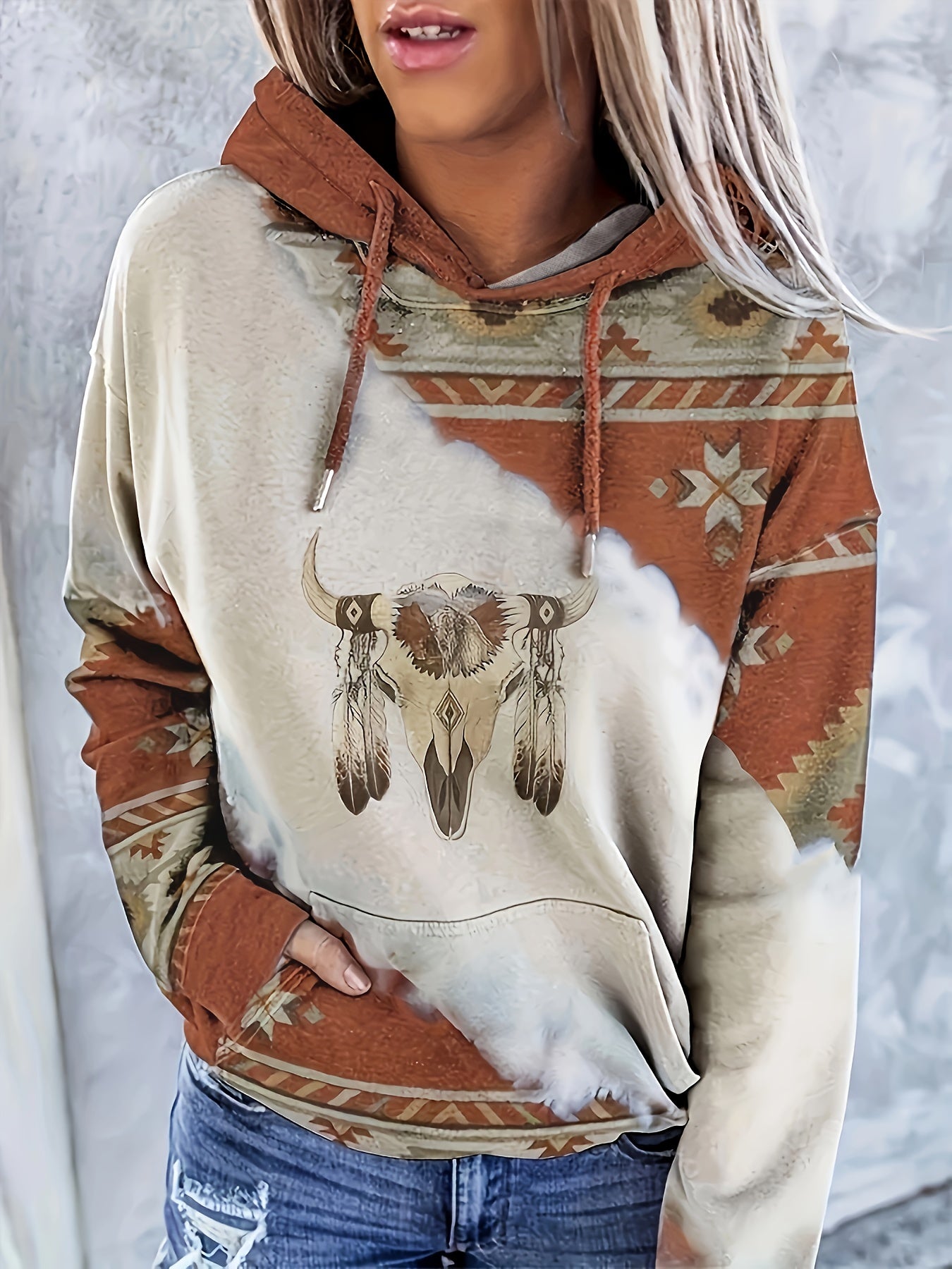 Vintage Cow Head Print Hoodie Kangaroo Pocket Sweatshirt Women