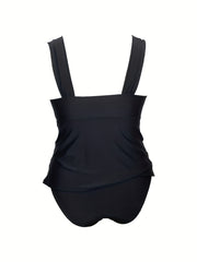 Solid Ruched Tankini Set Women's Casual Two Piece Swimsuit