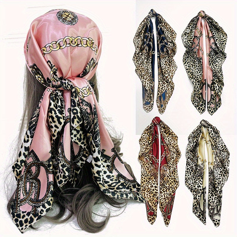 Leopard Print Pink Silk Vintage Square Scarf Large Shawl Women Headwrap