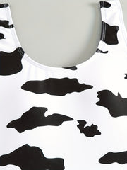 Cow Print Round Neck One Piece Swimsuit