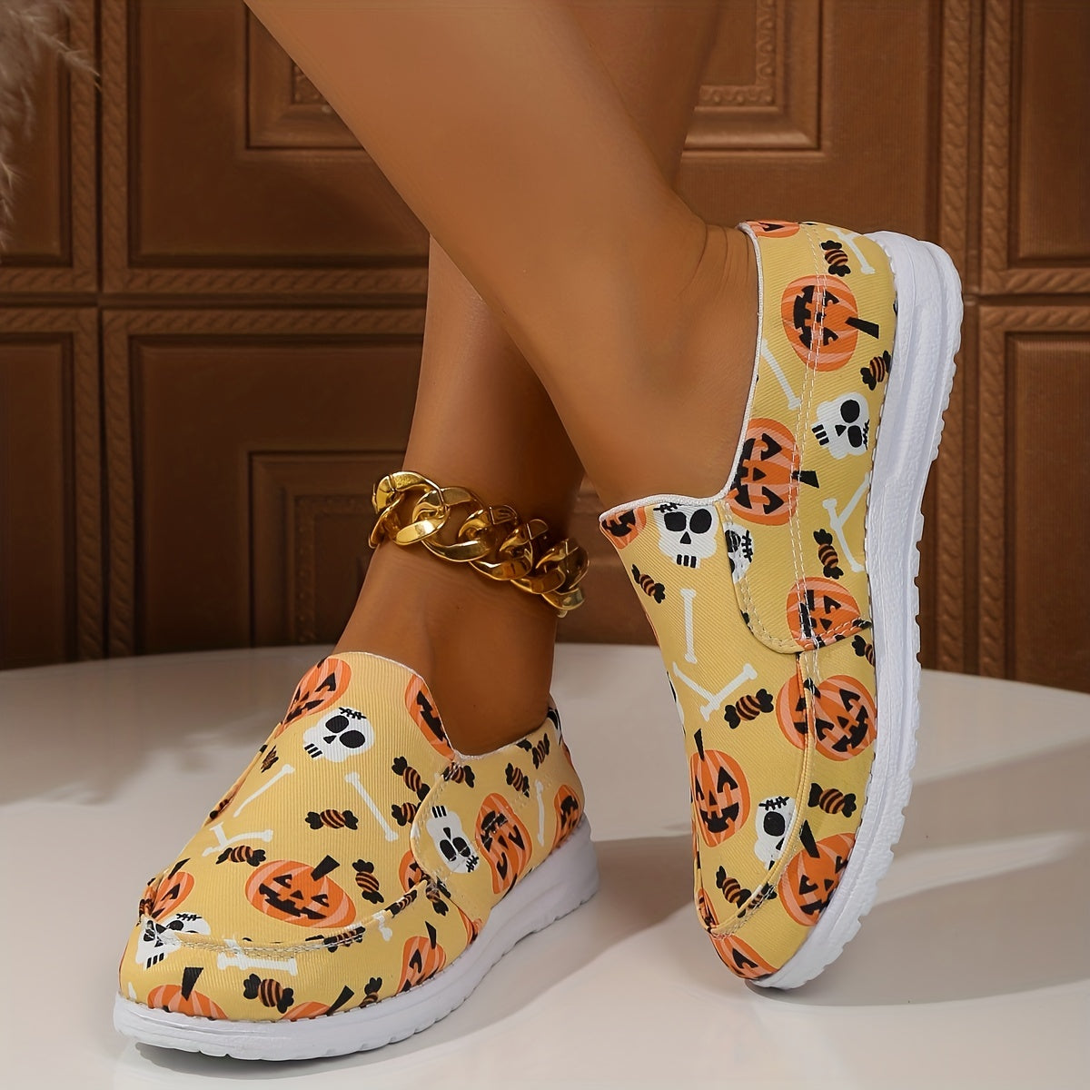 Skull & Pumpkin Print Slip-On Sneakers for Women