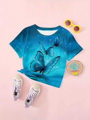 Butterfly Print Short Sleeve T shirt Girls Comfy Pullover Summer Clothes