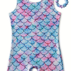 Girls Sweet Fish Scale Pattern Sleeveless Gymnastics Dancing Suit