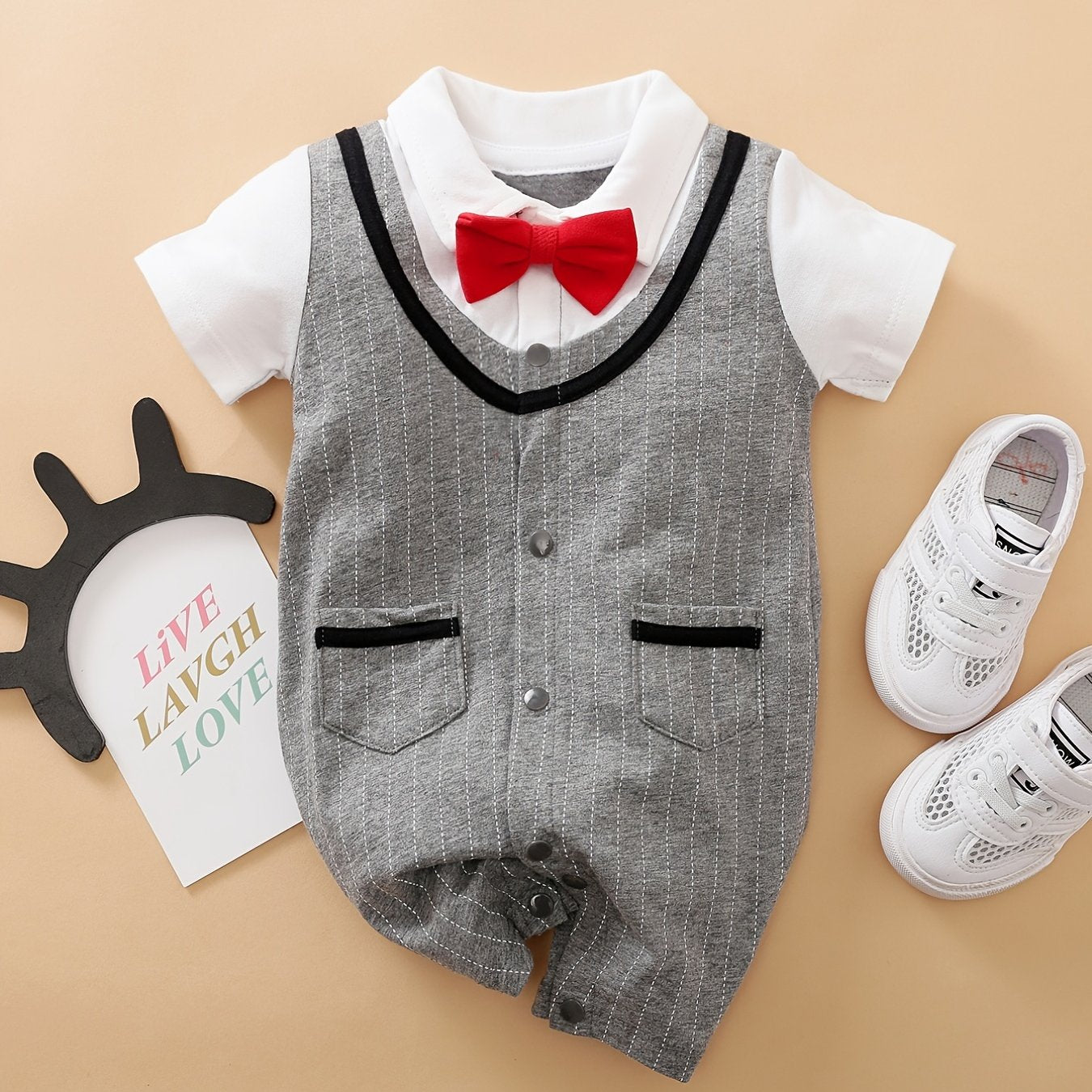 Baby Boys Casual Short Sleeve Bowtie Gentleman Romper Clothes