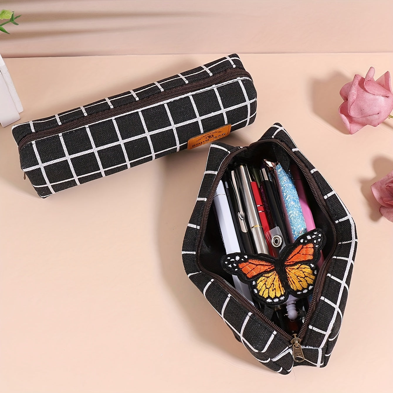 Checkerboard Plaid Canvas Pencil Case Daily Stationery Storage Portable Pen Bag