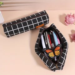 Checkerboard Plaid Canvas Pencil Case Daily Stationery Storage Portable Pen Bag