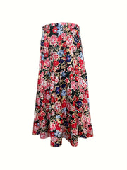 Boho Skirt Women's Plus Floral Print Elastic High Rise Swing Maxi Skir