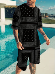 Bandana Print Men's 2Pcs Outfits Crew Neck Short Sleeve T shirt And Shorts Set