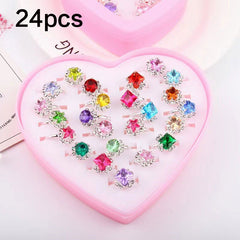 24pcs Girls Faux Gemstone Princess Rings w/ Heart Shaped Decorative Accessories