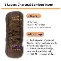 2 Pcs 5 Layer Charcoal Bamboo Insert Washable Cloth Diaper Insert