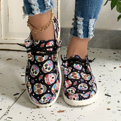 Women's Skull & Flower Print Sneakers Lace Up Outdoor Shoes