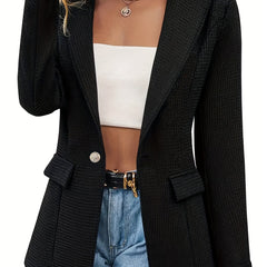 Waffle Grid Button Front Blazer Long Sleeve Women's Clothing
