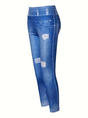 Women's Plus Ripped Ombre Denim Print High Stretch Leggings