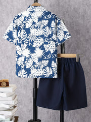 2pcs Boys Tropical Leaf Print Shirt&Shorts Set Summer Kids Clothing