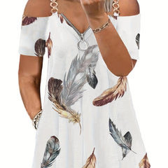 Casual Dress Women's Plus Feather Print Metal Decor Zipper