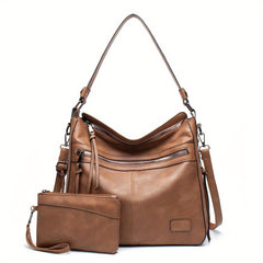 2pcs Large Capacity Tote Bag Set PU Leather Shoulder Wristlet Purse
