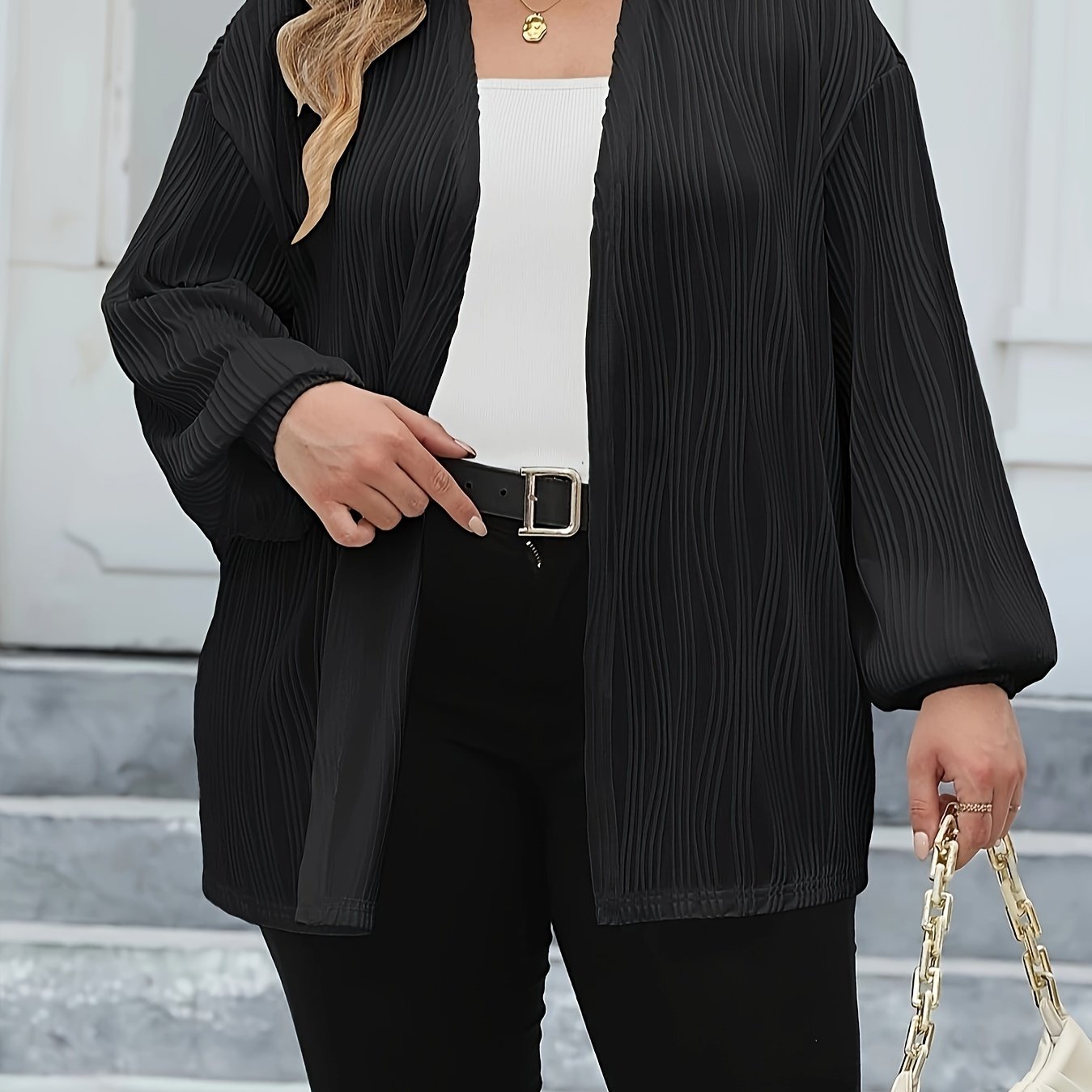 Casual Cardigan Solid Ribbed Lantern Sleeve Open Front