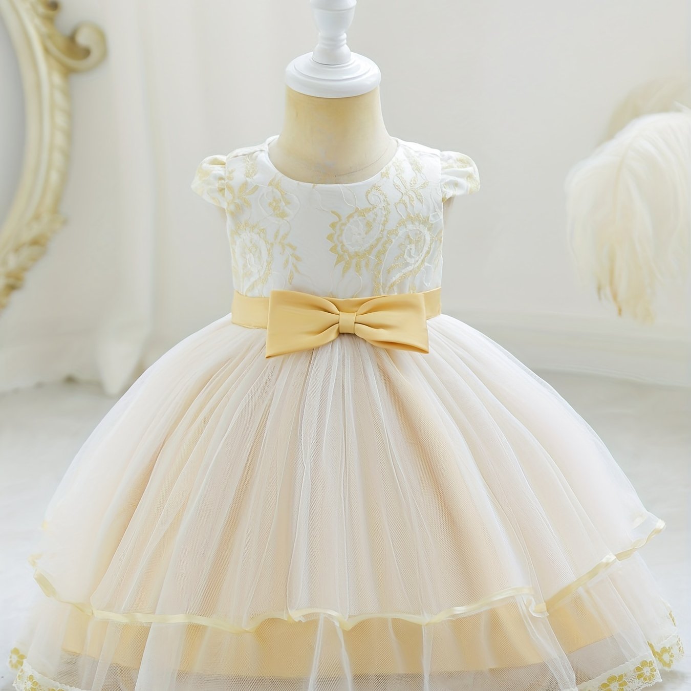 Girls Floral Embroidered Bow Princess Dress Kids Birthday Banquet Mesh Gown