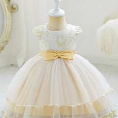 Girls Floral Embroidered Bow Princess Dress Kids Birthday Banquet Mesh Gown