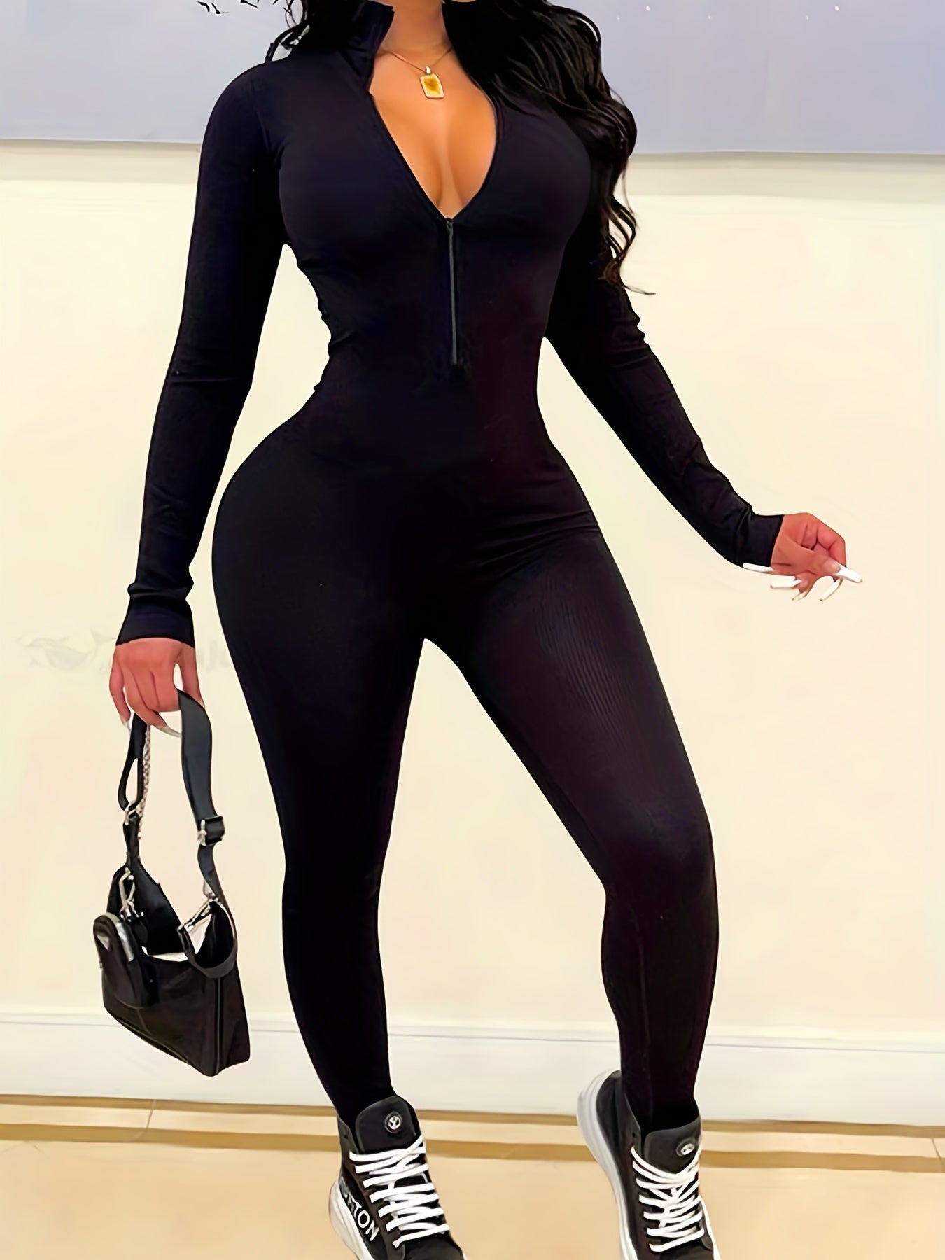 Solid Skinny Zipper Jumpsuit Athleisure Long Sleeve Jumpsuit