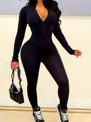 Solid Skinny Zipper Jumpsuit Athleisure Long Sleeve Jumpsuit