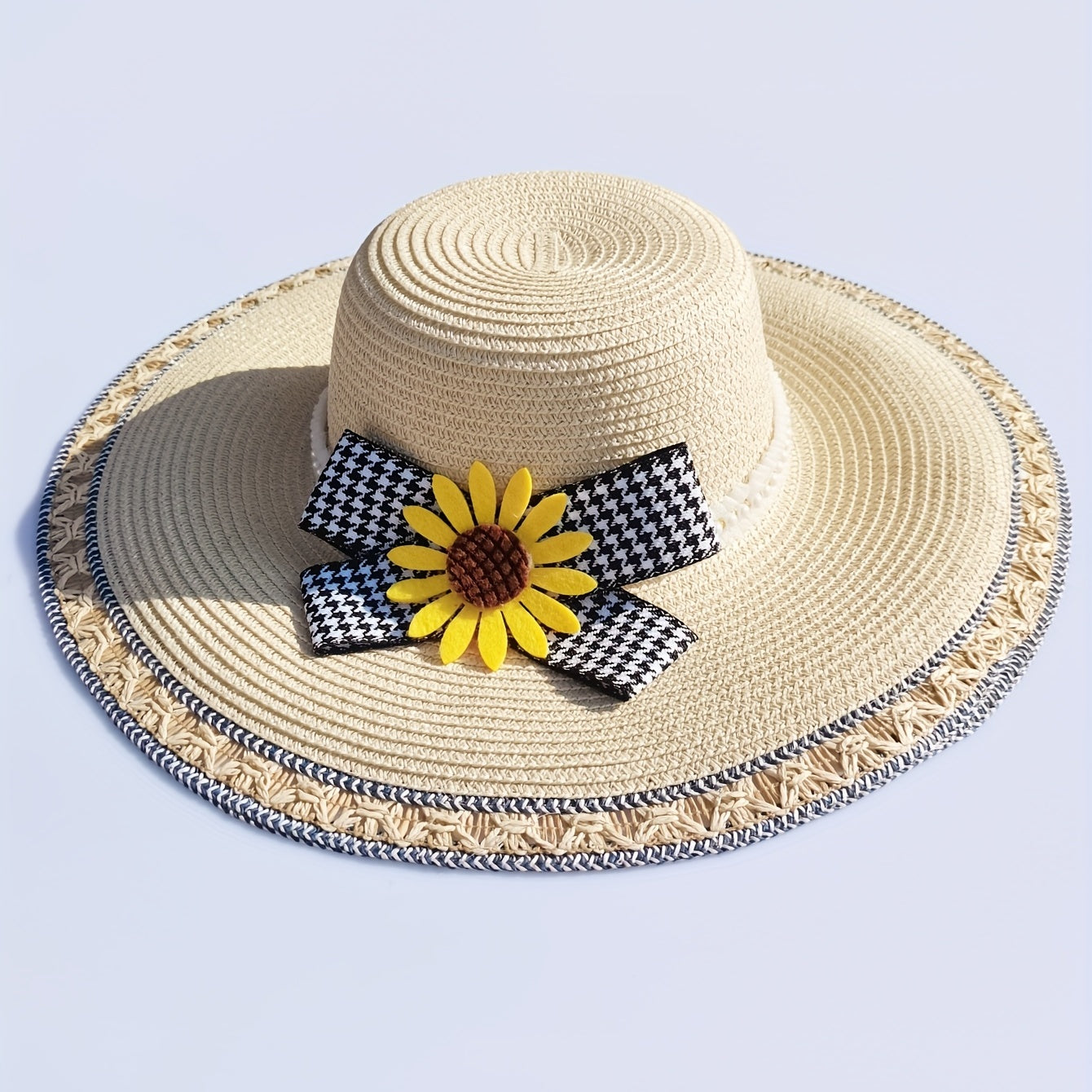Sunflower Bow Decor Sun Hat Wide Brim Beige Straw Hat