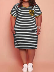 Strip Print Midi Dress With Pockets Plus Size