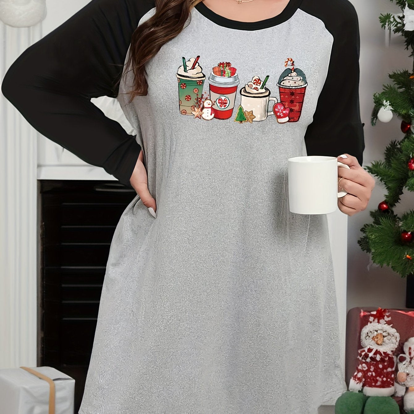Plus Size Christmas Lounge Dress Women's Plus Christmas Drinks Graphic Raglan