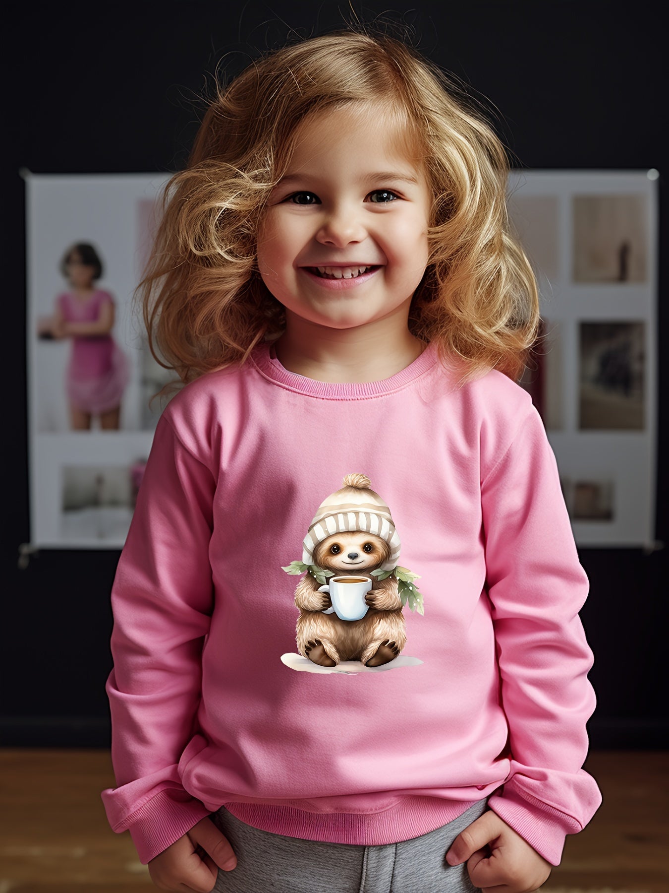 Cartoon Koala Pattern Crew Neck Long Sleeve Sweatshirt Pullover For Girls Kids