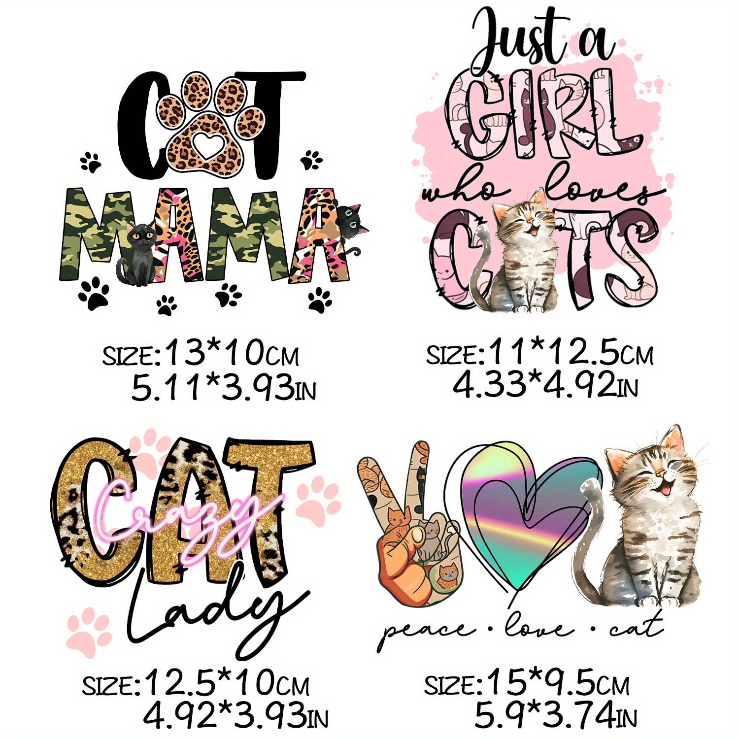 4pcs Cat Mom Iron-On Stickers for DIY T-shirt Backpack Hat Decoration