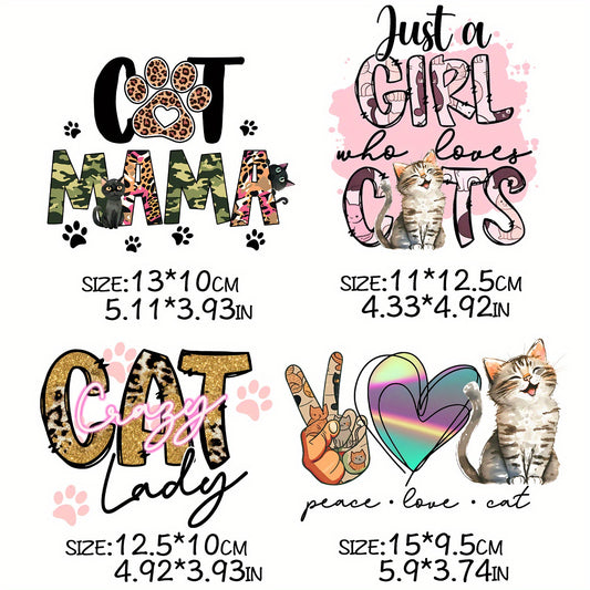 4pcs Cat Mom Iron-On Stickers for DIY T-shirt Backpack Hat Decoration