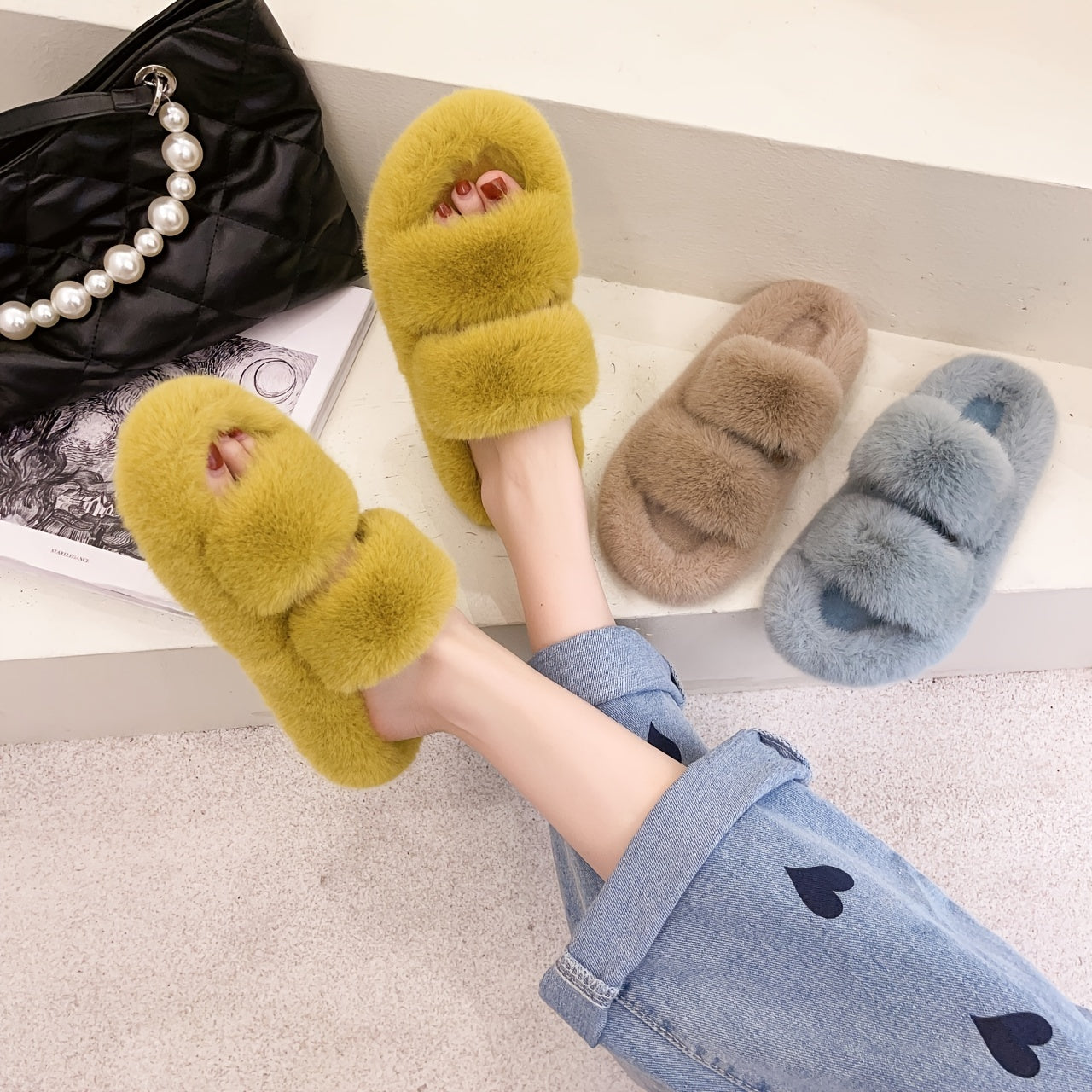 Women's Cozy Open Toe Slippers Warm Fuzzy Fluffy Non-slip Flat Shoes