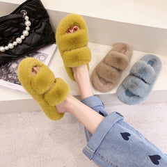 Women's Cozy Open Toe Slippers Warm Fuzzy Fluffy Non-slip Flat Shoes