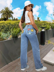 Floral Print High Waist Straight Jeans