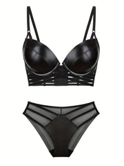 Solid Push Up Bra & Cut Out Panties Lingerie Set